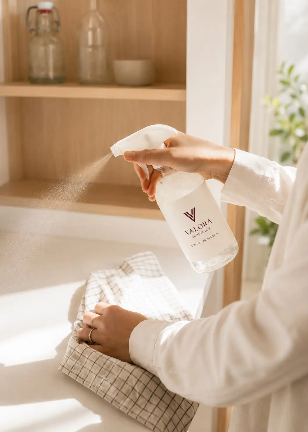 Limpieza profesional con producto de marca Valora Servicios sobre una superficie de madera