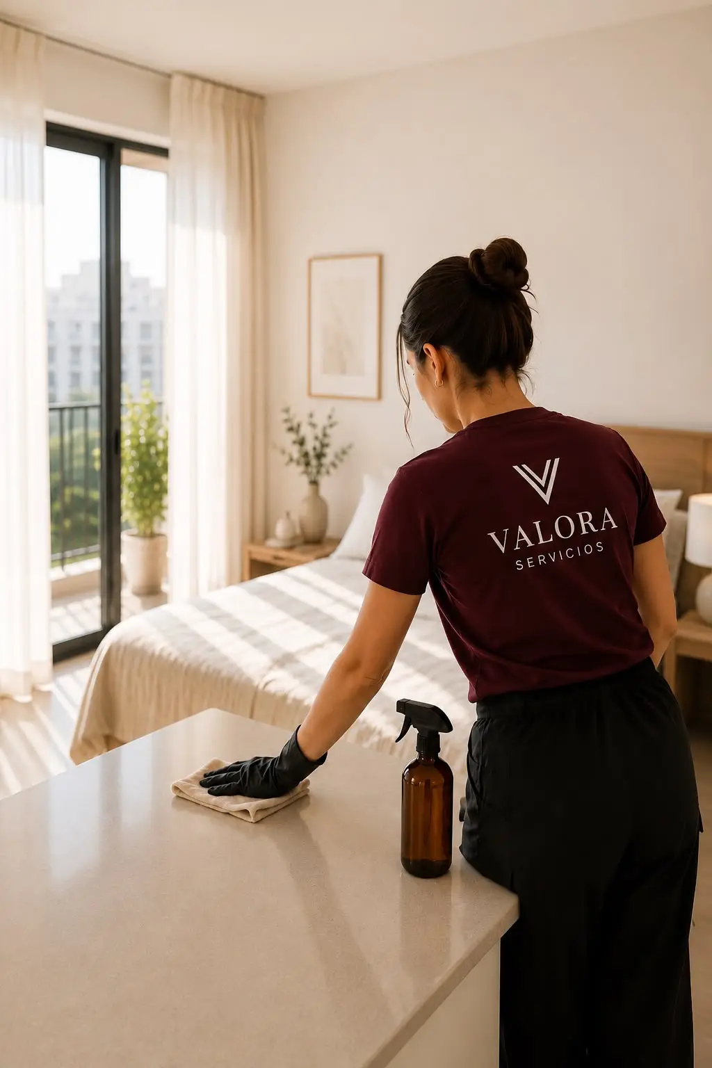 Trabajadora de Valora Servicios con uniforme de marca limpiando un apartamento en Madrid